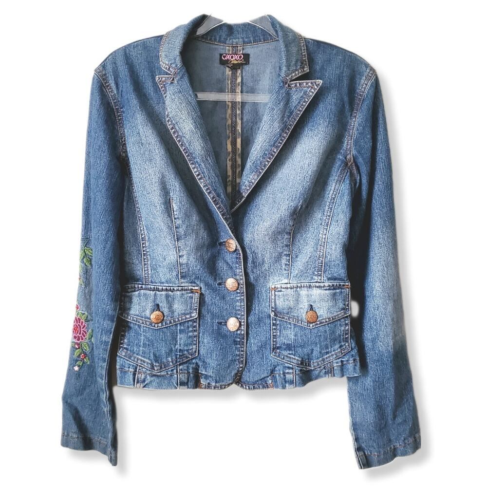 Y2K XOXO Women Denim Floral Embroidered Jacket Blazer S M Boho Phoebe Artsy